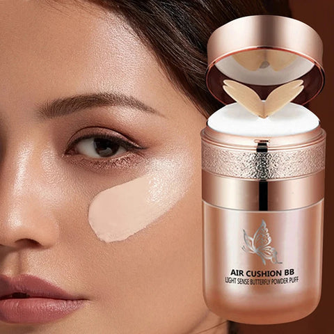 Crema BB con cojín de aire, polvos de mariposa, base hidratante y corrector.