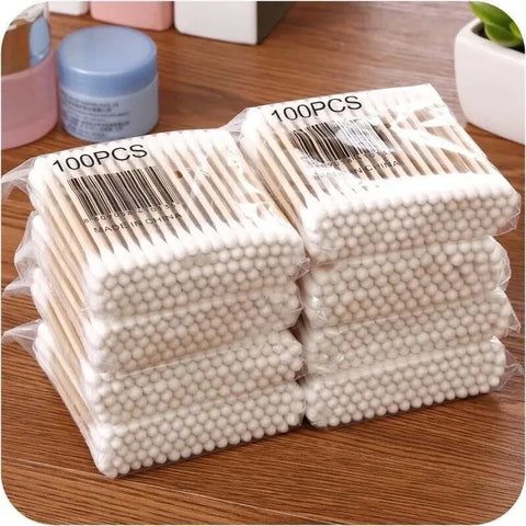 500 bastoncillos de algodón de madera de doble cabezal para limpieza de nariz y orejas.